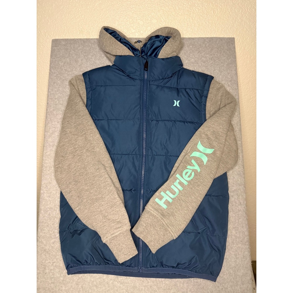 Hurley Boys Large Puffer Jacket Navy Blue Gray Hybrid Hooded Full Zip Coat